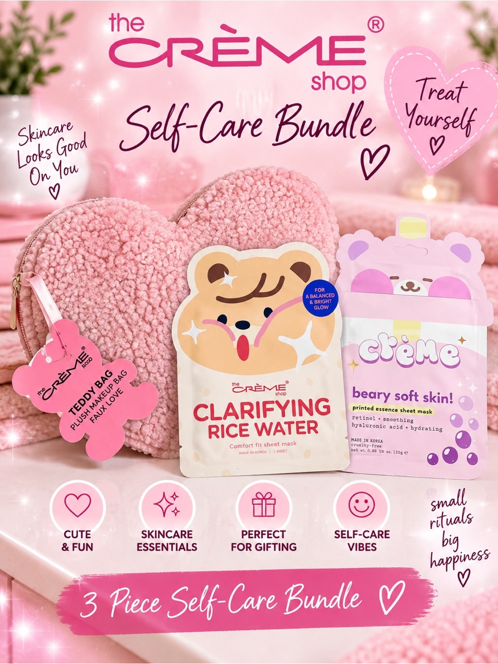 The CrĆØme Shop Self-Care Bundle - 2 Sheet Masks & Teddy Bag